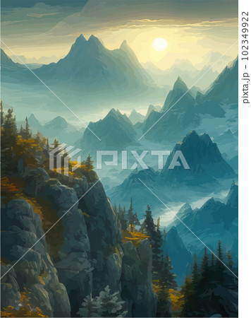 Vertical landscape with mountains and river. Beautiful mountain range view 102349922