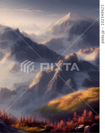 Vertical landscape with mountains and river. Beautiful mountain range view 102349923