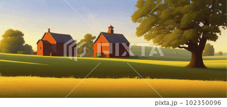 Village summer landscape. Village houses in traditional style. Trees near Village summer landscape. Village houses in traditional style. Trees near 102350096