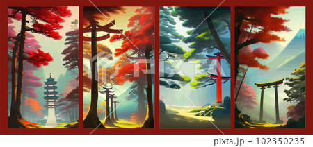 Torii, Japanese shrine gate. Vector illustration wooden Japanese Torii gate 102350235