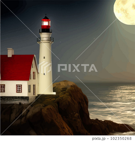 Lighthouse by sea. Tall building on hill and beautiful scenery. Romantic place Lighthouse by sea. Tall building on hill and beautiful scenery. Romantic place 102350268