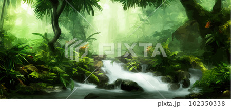Jungle waterfall vector illustration. Fantasy mystical fauna. Tropical forest 102350338