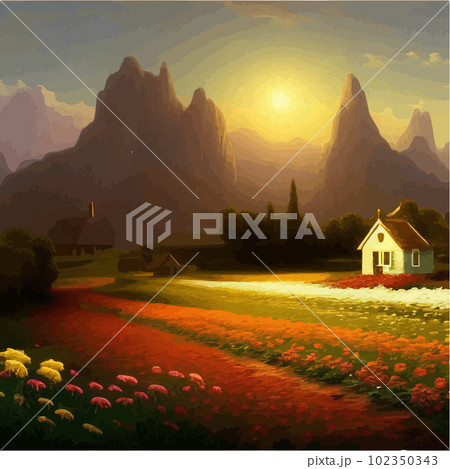 Landscape with house and flowery red fields against backdrop mountains. Vector Landscape with house and flowery red fields against backdrop mountains. Vector 102350343