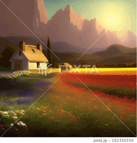 Landscape with house and flowery red fields against backdrop mountains. Vector 102350350