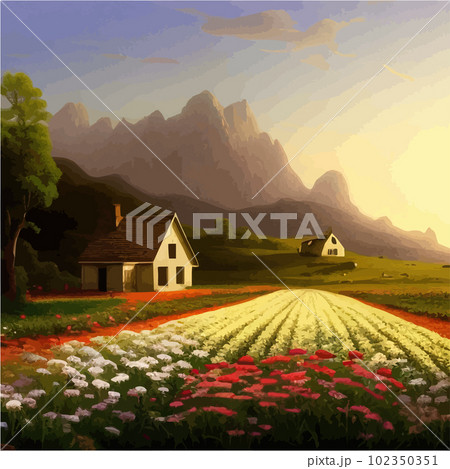 Landscape with house and flowery red fields against backdrop mountains. Vector 102350351