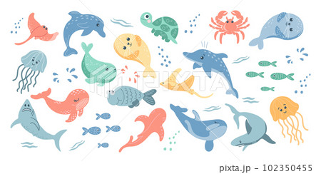 Collection of colorful fishes and sea animals. Icons in cartoon style for children, vector Collection of colorful fishes and sea animals. Icons in cartoon style for children, vector 102350455