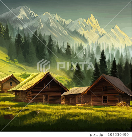 Small wooden houses in forest against backdrop mountains. Beautiful peaceful 102350490