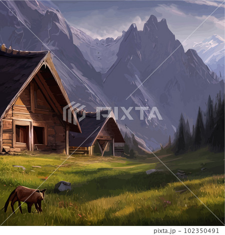 Small wooden houses in forest against backdrop mountains. Beautiful peaceful 102350491