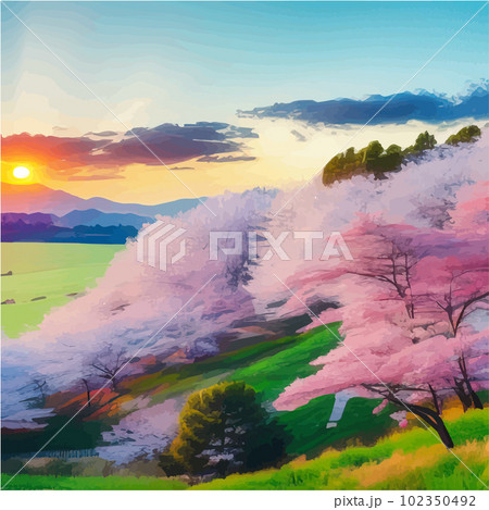 Bright morning landscape with sky. Branches flowering cherry trees against 102350492