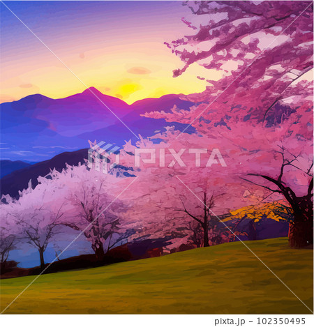 Spring landscape with cherry blossom sakura, green meadow on hill, blue sky 102350495