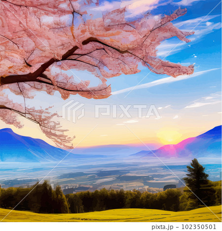 Spring landscape with cherry blossom sakura, green meadow on hill, blue sky Spring landscape with cherry blossom sakura, green meadow on hill, blue sky 102350501