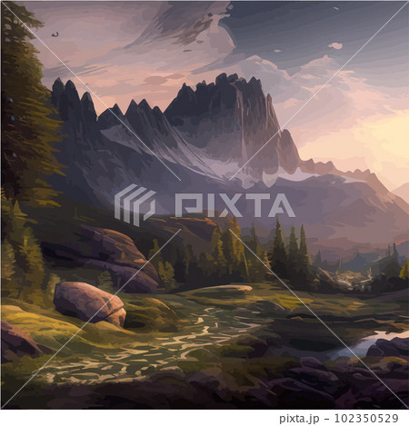 Incredible mountain landscape with forest and river. Vector illustration. Incredible mountain landscape with forest and river. Vector illustration. 102350529