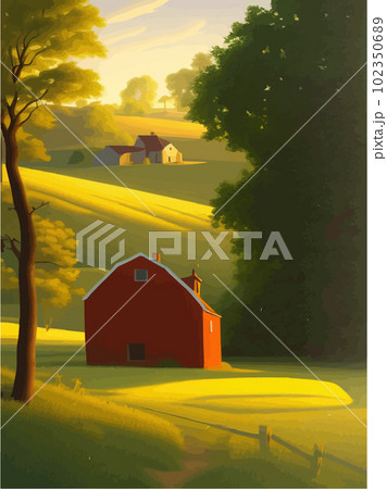 Rural landscape with sunny summer day in village. Beautiful summer fields 102350689