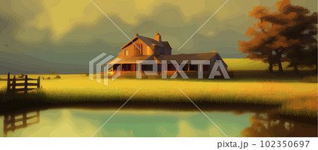 Green valley landscape. Summer season on the lake with a picturesque view. Green valley landscape. Summer season on the lake with a picturesque view. 102350697