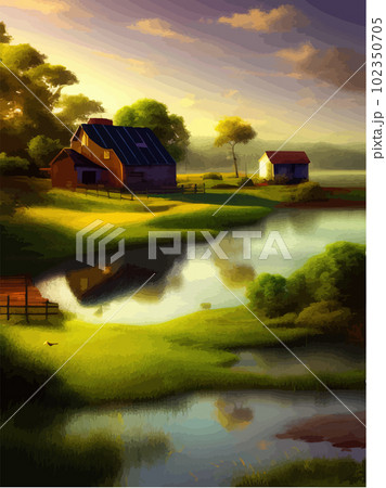Lake houses, summer natural landscape vector illustration. Cartoon beautiful Lake houses, summer natural landscape vector illustration. Cartoon beautiful 102350705