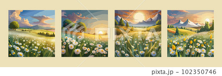 banner set chamomile field vector illustration A field of wild white flowers of daisies  102350746