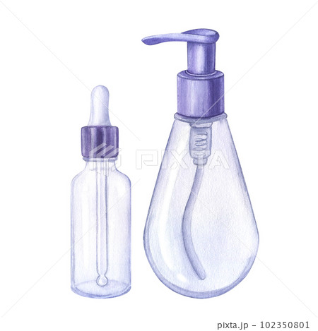 Purple transparent plastic glass cosmetic pipette dispenser bottle. Hand draw watercolor illustration isolated on white background. Skin care products 102350801