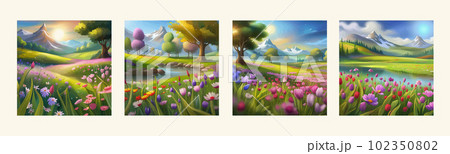 Banner set Field spring wild flowers against backdrop mountains lit by morning 102350802