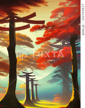 Torii japanese shinto next to japanese colored forest with mountains 102350817