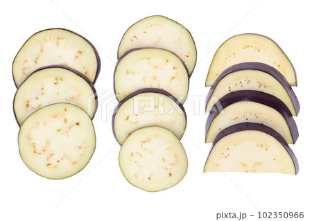 Eggplant or aubergine slices isolated on white background with full depth of field. top, view, flat lay 102350966