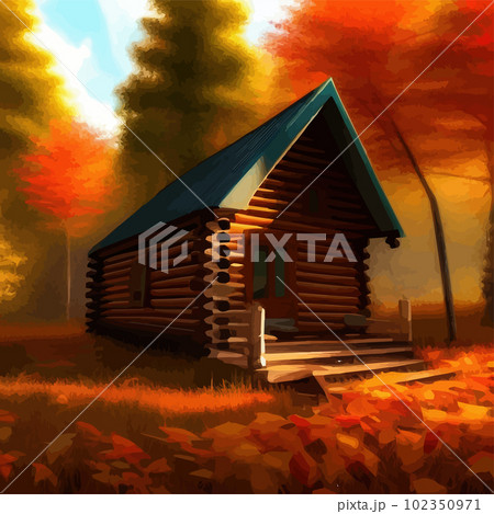 Old wooden hut in autumn forest. In bright orange colors autumn. To protect Old wooden hut in autumn forest. In bright orange colors autumn. To protect 102350971