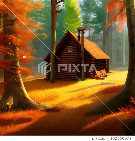 Old wooden hut in autumn forest. In bright orange colors autumn. To protect 102350972