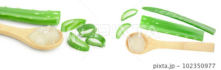 Aloe vera sliced in wooden spoon isolated on white background with full depth of field. Top view. Flat lay. Aloe vera sliced in wooden spoon isolated on white background with full depth of field. Top view. Flat lay. 102350977