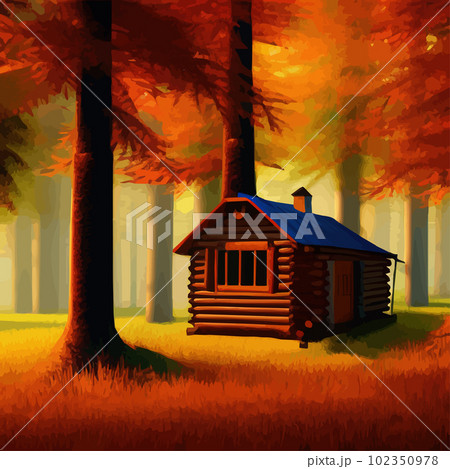 Old wooden hut in autumn forest. In bright orange colors autumn. To protect Old wooden hut in autumn forest. In bright orange colors autumn. To protect 102350978