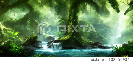 Beautiful waterfall river in dark green tropical forests. Fantasy Fackrop 102350984