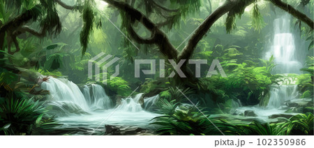 Jungle waterfall vector illustration. Fantasy mystical fauna. Tropical forest 102350986