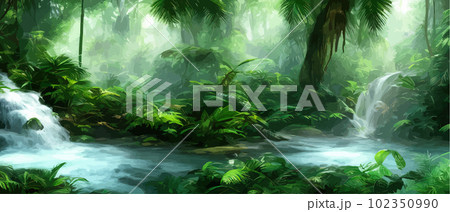 Jungle waterfall vector illustration. Fantasy mystical fauna. Tropical forest 102350990
