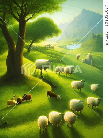 Sheep graze on green meadow. Count sheep. Farm animal landscape counting Sheep graze on green meadow. Count sheep. Farm animal landscape counting 102351057