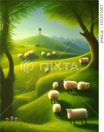 Sheep graze on green meadow. Count sheep. Farm animal landscape counting 102351067