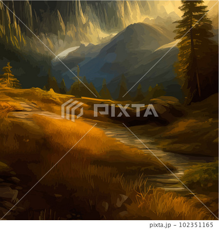 Incredible mountain landscape with forest and river. Vector illustration. 102351165