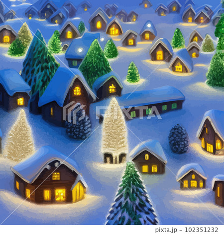Winter is coming Snowy night with coniferous forest houses in snow light Winter is coming Snowy night with coniferous forest houses in snow light 102351232