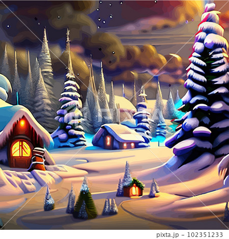 Merry Christmas and Happy New Year. Winter forest, city street with houses Merry Christmas and Happy New Year. Winter forest, city street with houses 102351233