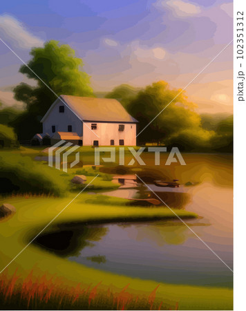 Lake houses, summer natural landscape vector illustration. Cartoon beautiful Lake houses, summer natural landscape vector illustration. Cartoon beautiful 102351312