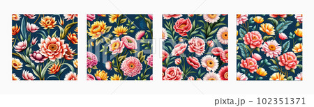 Banner pattern with spring flowers and leaves. Dark drawn background. Floral 102351371