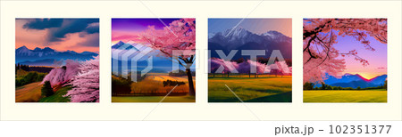 Spring landscape with cherry blossom sakura, green meadow on hill, blue sky 102351377