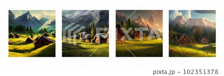 House forester far from civilization. Cartoon terrain in forest with trees House forester far from civilization. Cartoon terrain in forest with trees 102351378