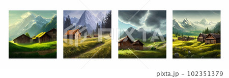 House forester far from civilization. Cartoon terrain in forest with trees 102351379