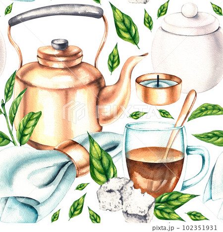 Watercolor pattern of tea drinking utensils 102351931