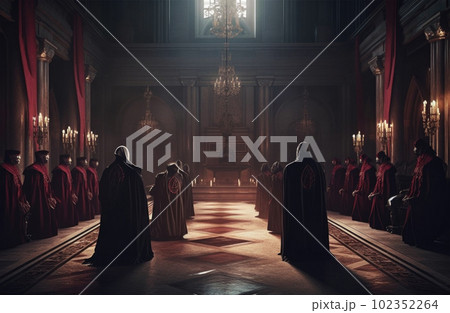 Secret society ceremony. Sect members at dark hall. Generative AI 102352264