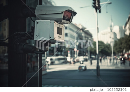 Surveillance camera at city street. CCTV monitoring system. Generative AI 102352301