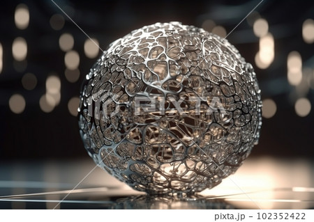 Network technology polygonal sphere digital silver abstract background. Low poly 3d sphere made with generative AI Network technology polygonal sphere digital silver abstract background. Low poly 3d sphere made with generative AI 102352422