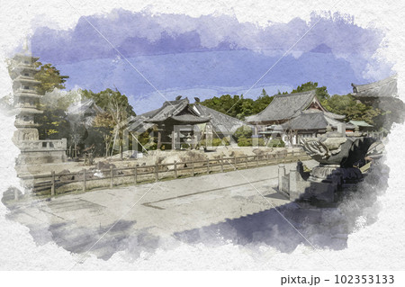 水彩画風　四国八十八箇所84番　屋島寺　境内　香川県高松市 102353133