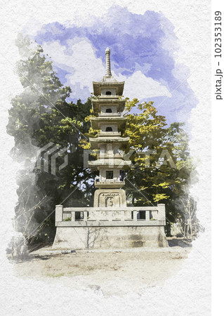 水彩画風　四国八十八箇所84番　屋島寺　五重石塔　香川県高松市 102353189