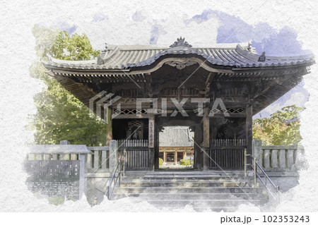 水彩画風 四国八十八箇所84番 屋島寺 四天門 香川県高松市 水彩画風 四国八十八箇所84番 屋島寺 四天門 香川県高松市 102353243