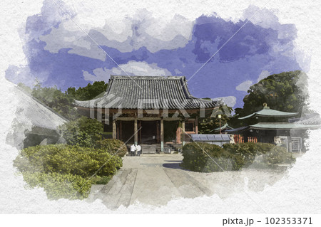 水彩画風　四国八十八箇所84番　屋島寺　本堂　香川県高松市 102353371