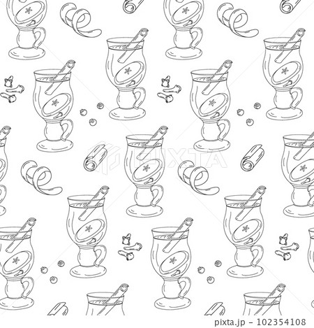 Endless pattern of outline drawing of a glass cup with mulled wine and spices. Happy mulled wine day 102354108